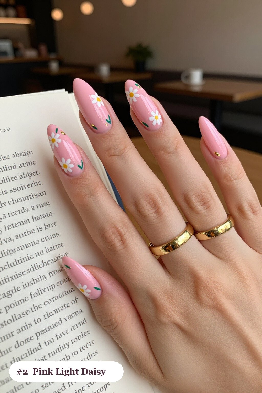 Long Almond Pink Nails Light with Hand-Painted Daisies & Gold Accents - pink nails light Long Almond Pink Nails Light with Hand-Painted Daisies & Gold Accents - pink nails light
