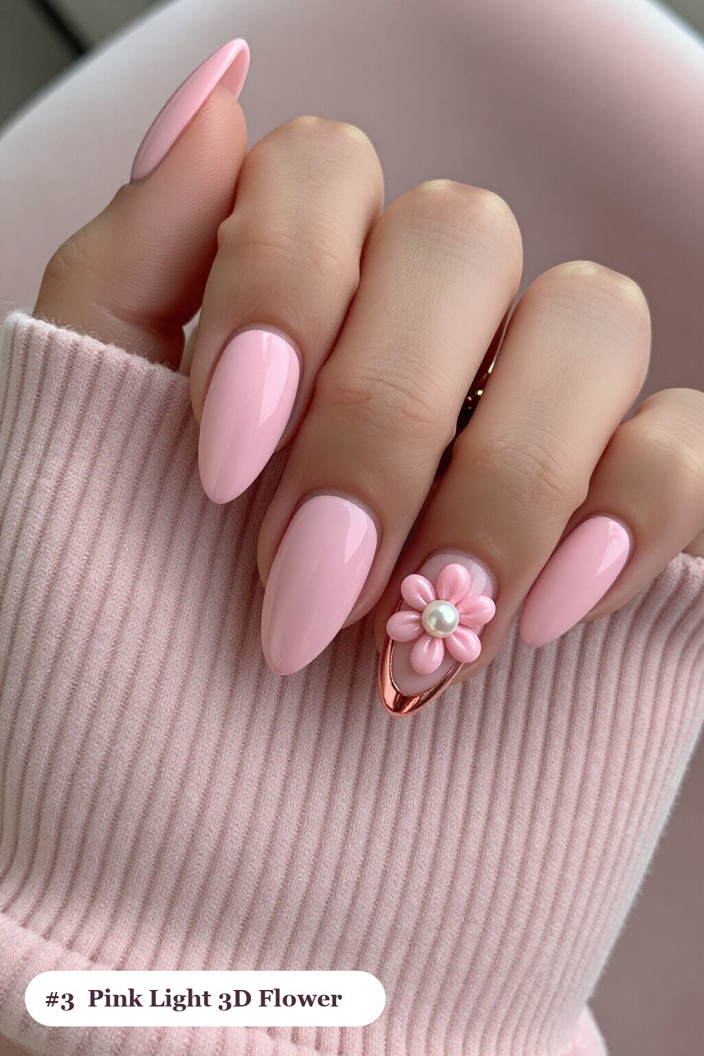 Medium Almond Pink Nails Light with 3D Rose‑Gold Flowers - pink nails light Medium Almond Pink Nails Light with 3D Rose‑Gold Flowers - pink nails light