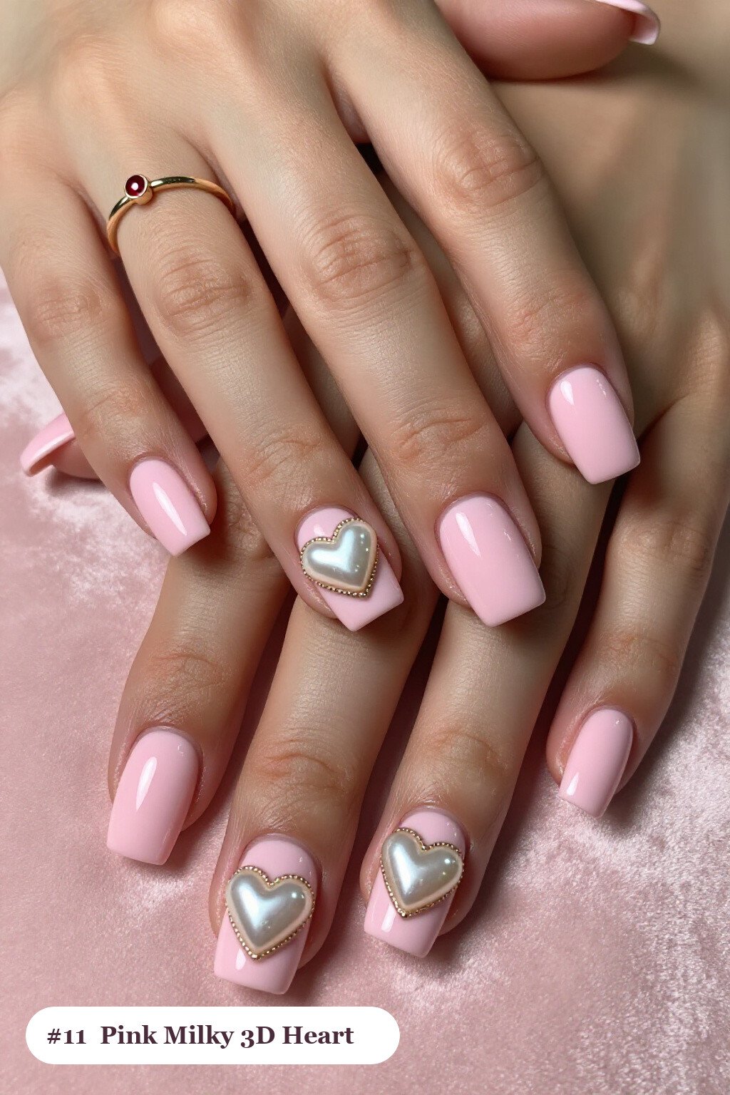 Short Square Pink Nails Milky with Chunky 3D Gel Hearts: On Short Nails - pink nails milky