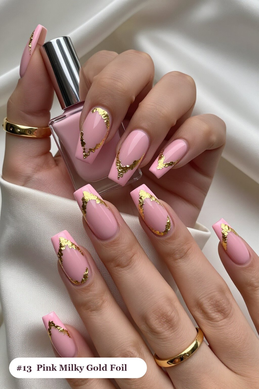 Long Square Pink Milky Nails with Dense Gold Foil Flakes, Gold Leaf and Gold Details - pink nails milky
