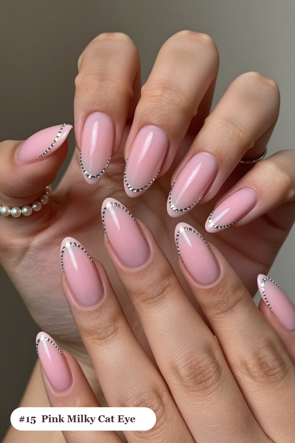 Long Coffin Pink Milky Nails with Gemstone‑Like Shimmer Band and Silver Details - pink nails milky