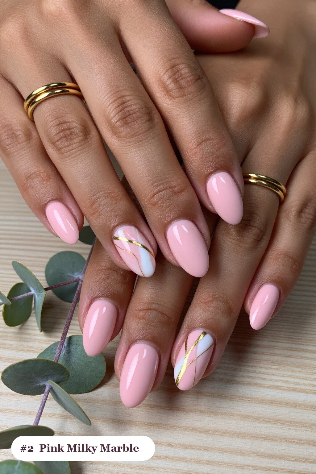 Medium Coffin Pink Milky Nails with Bold Marble Veins and Gold Accents - pink nails milky