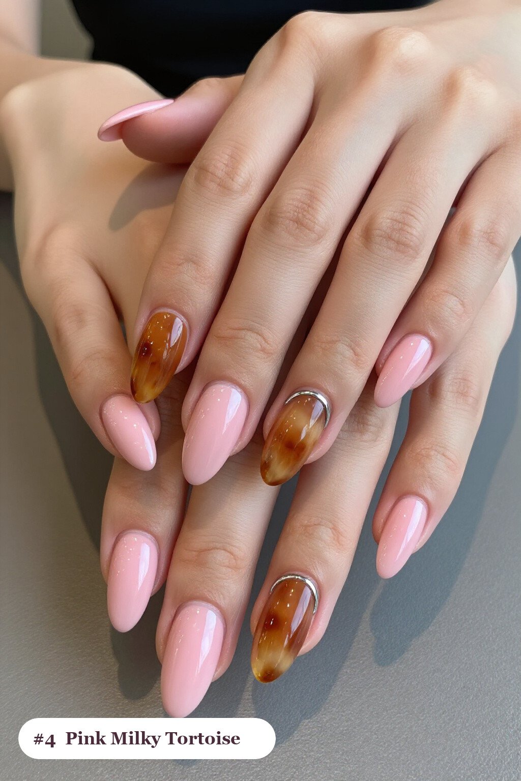 Long Ballerina Pink Milky Nails with Amber Tortoiseshell Accents and Silver Chrome Details - pink nails milky