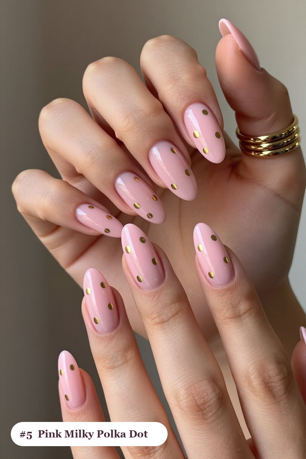 Long Coffin Pink Milky Nails with Playful Polka Dots and Gold Details - pink nails milky