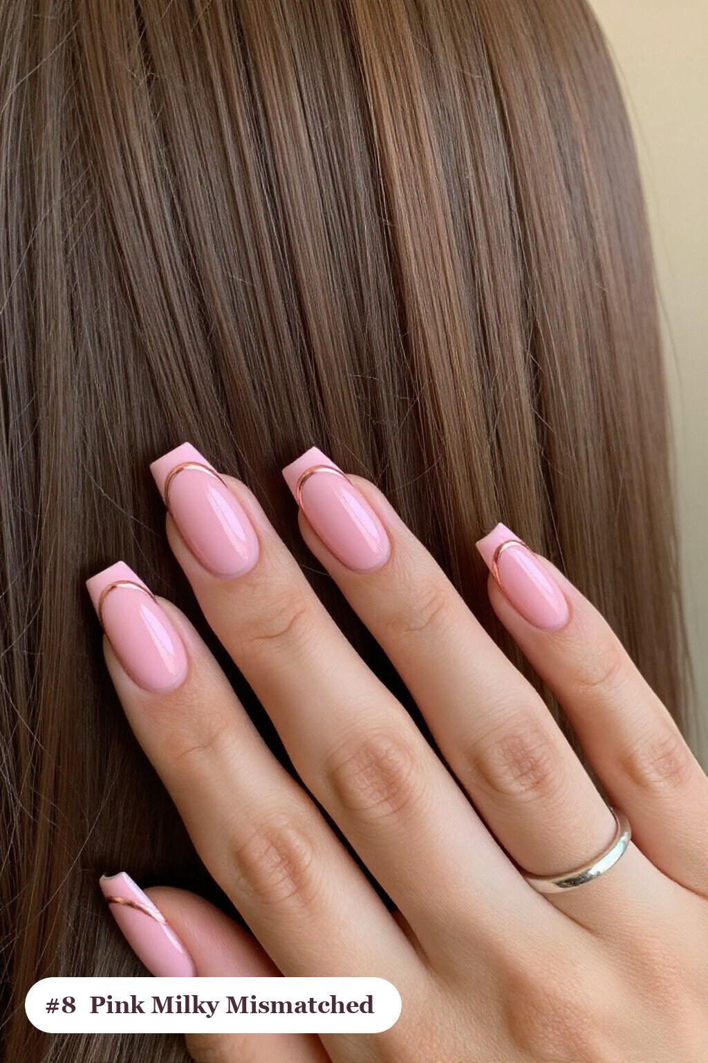 Medium Square Pink Milky Mismatched Set with Rose Gold Accents - pink nails milky