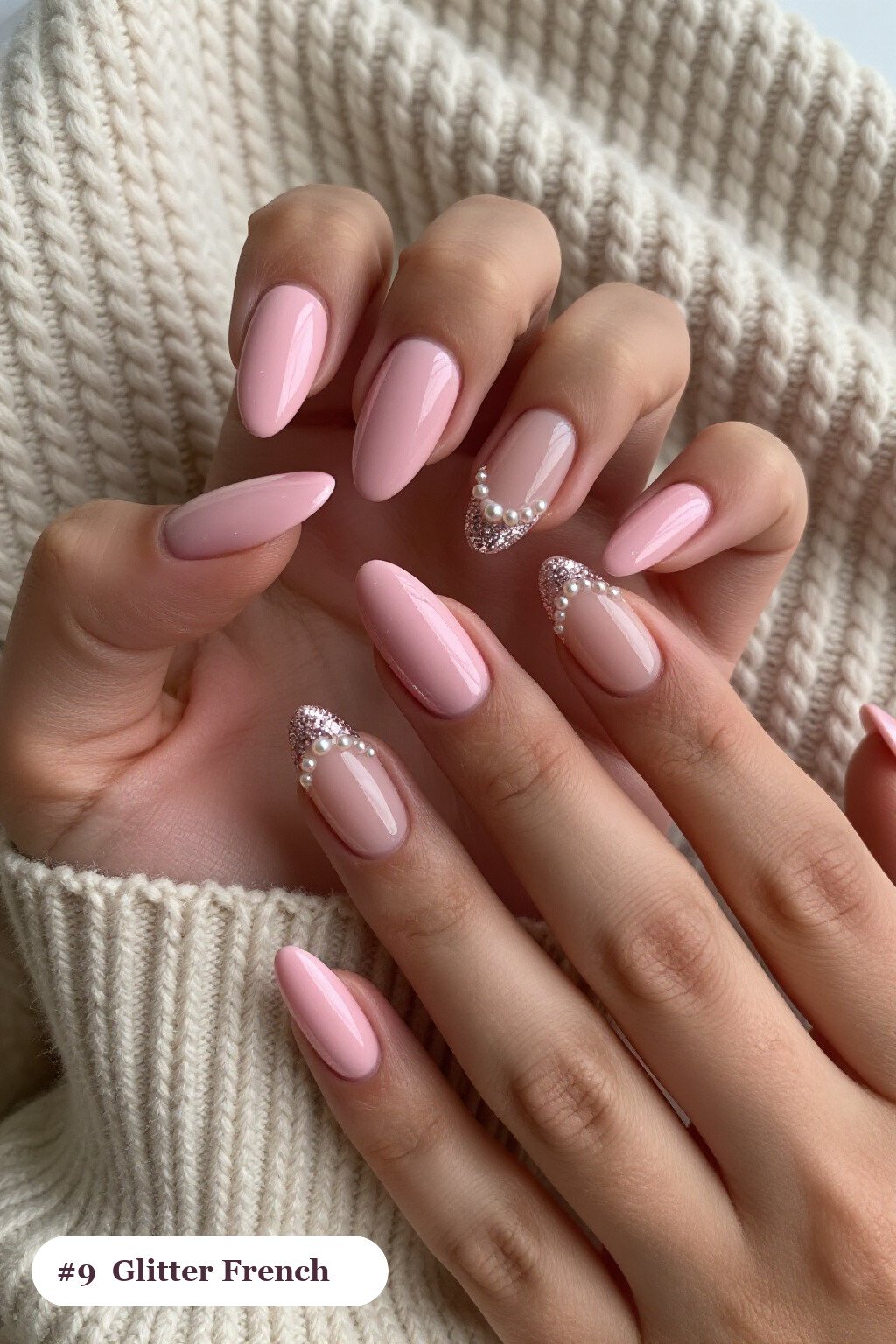 Medium Almond Pink Milky Nails with Glitter‑Packed French Tips and Pearl Details - pink nails milky