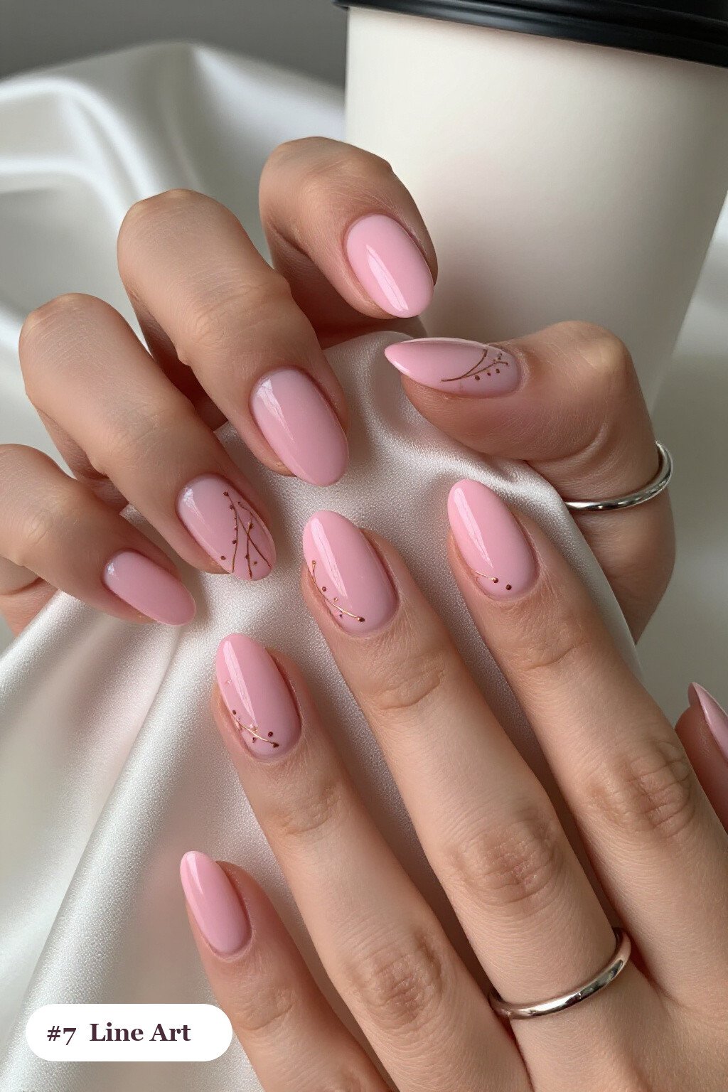 Gold Line Art & Dots on Medium Oval Pink Nails - pink nails minimalist Gold Line Art & Dots on Medium Oval Pink Nails - pink nails minimalist