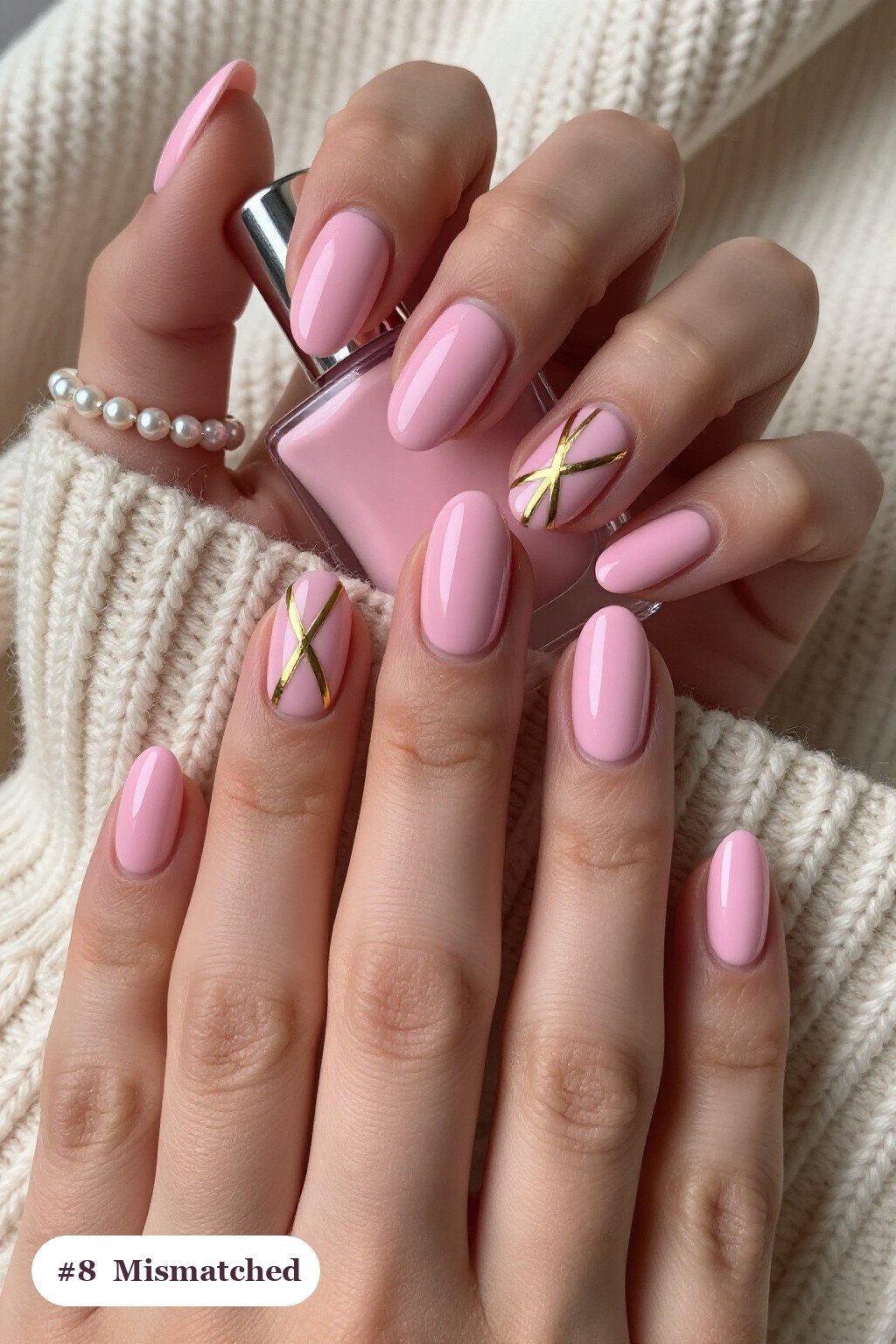 Mismatched Pattern Coffin Pink Nails with Gold Details - pink nails minimalist Mismatched Pattern Coffin Pink Nails with Gold Details - pink nails minimalist