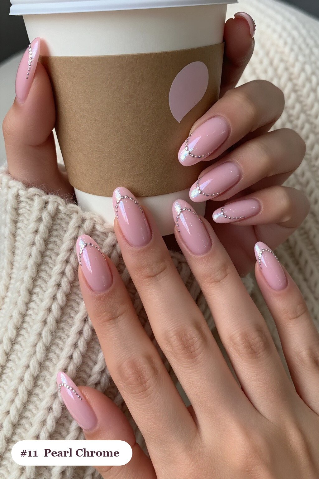 Long Ballerina Pink Nails Natural Glazed Pearl Chrome Iridescent Sheen with Silver Chrome Details - pink nails natural
