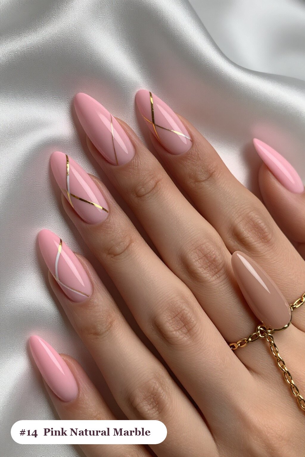 Long Almond Pink Nails Natural Marble Veins in White and Gold with Soft Nude Details - pink nails natural