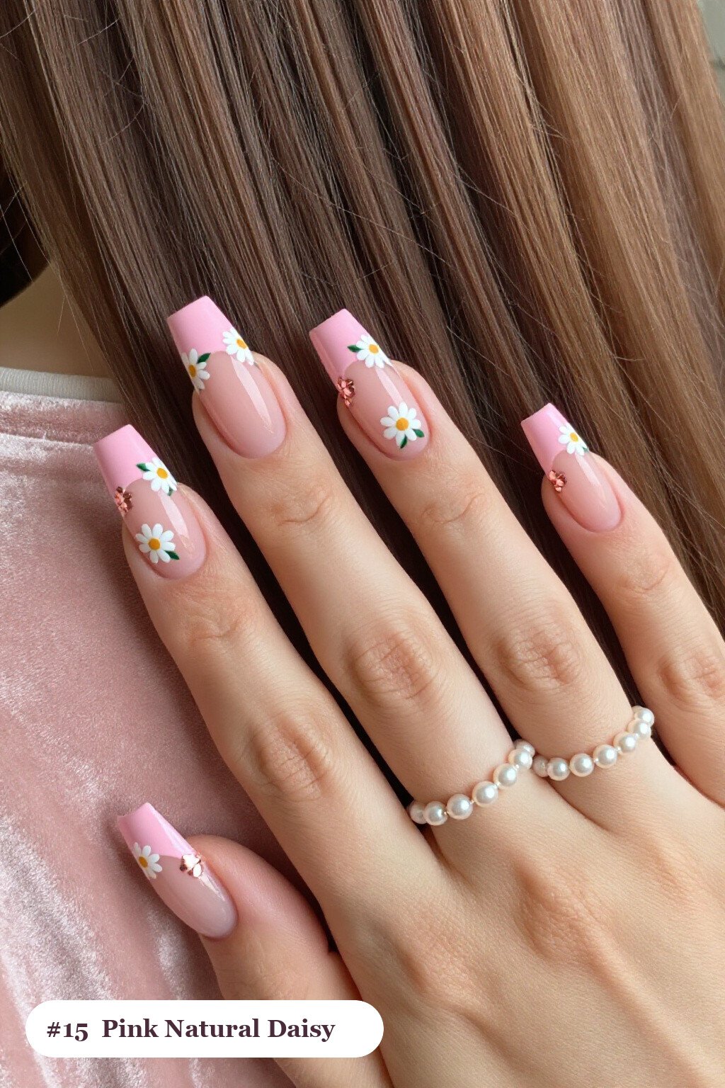Long Square Pink Nails Natural Hand‑Painted Daisies and Green Leaves with Rose Gold Details - pink nails natural