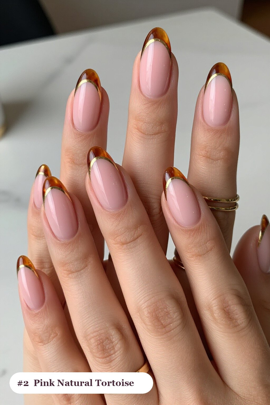 Medium Almond Pink Nails Natural with Amber Tortoiseshell Accents and Gold Details - pink nails natural