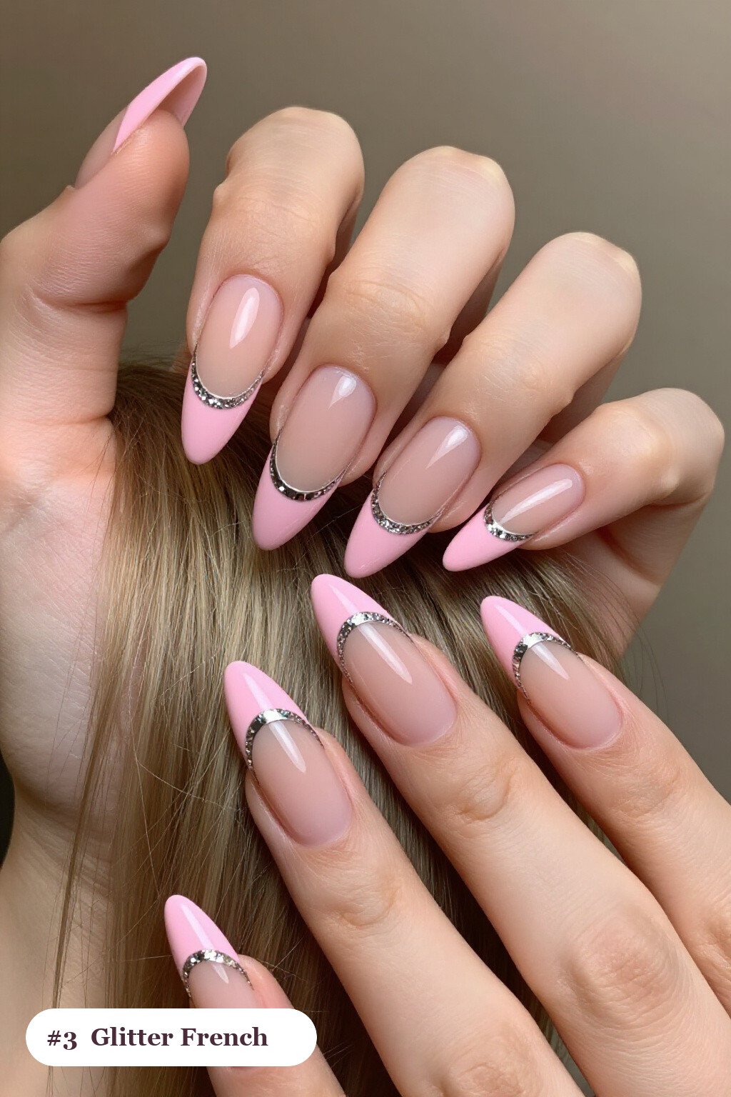 Long Stiletto Pink Nails Natural with Glitter‑Packed French Tips and Silver Chrome Details - pink nails natural