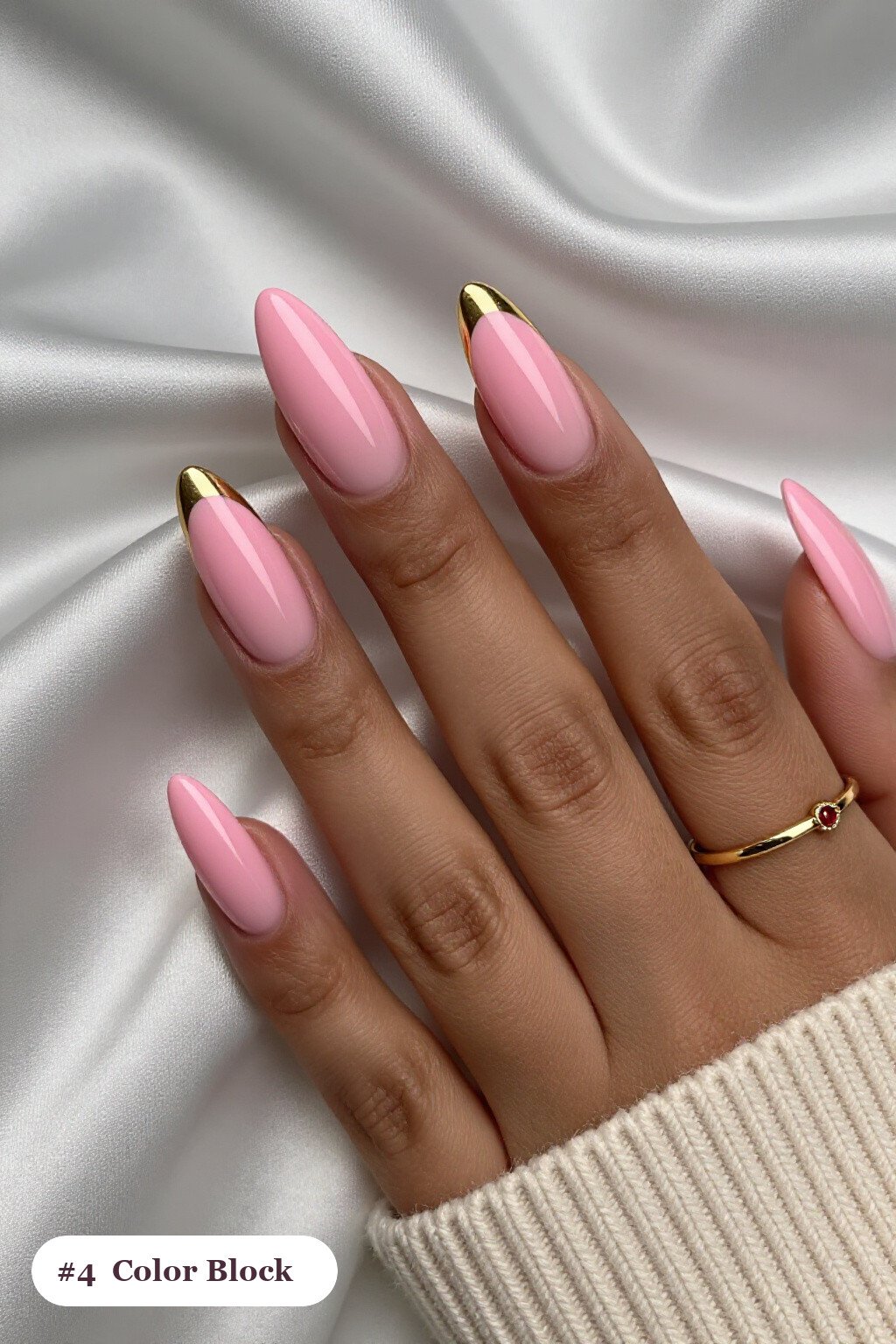 Long Almond Pink Nails Natural Color‑Block Diagonal Split with Thin Gold Line - pink nails natural