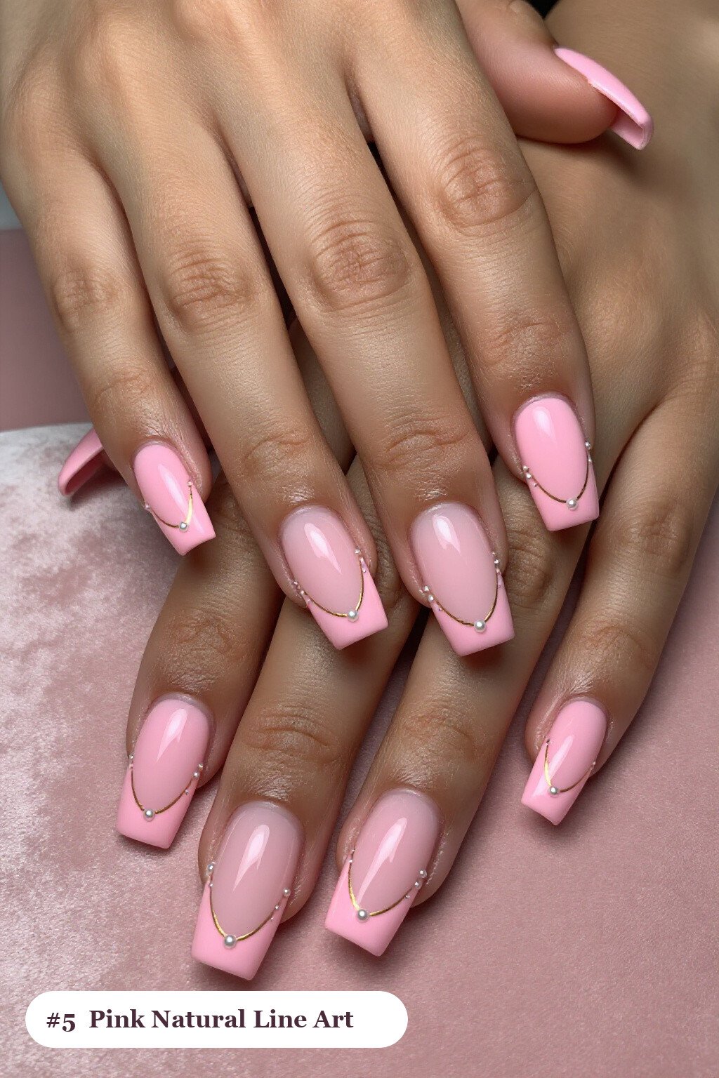 Long Square Pink Nails Natural Fine Gold Line Art and Tiny Dots with Pearl Details - pink nails natural