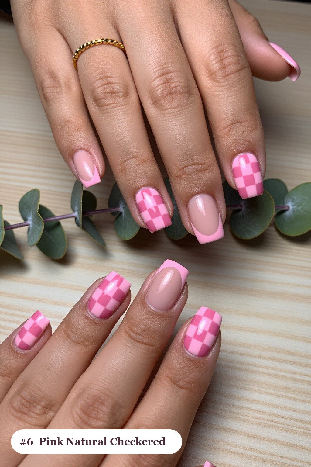 Short Square Pink Nails Natural Checkerboard Accents: On Short Nails - pink nails natural