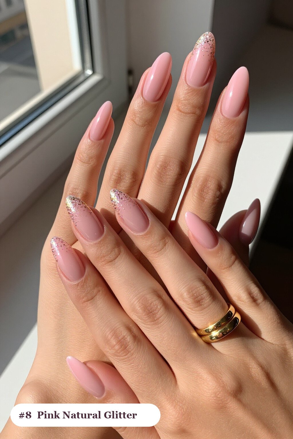 Long Coffin Pink Nails Natural Glitter Gradient from Cuticle with Gold Details - pink nails natural