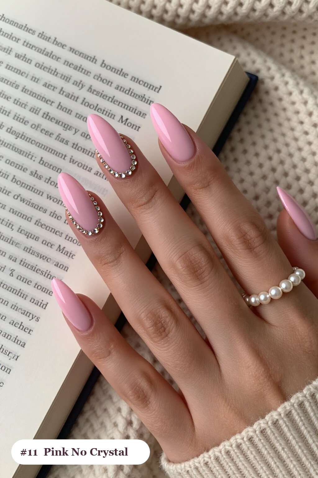 Long Ballerina Pink Nails No Design with Rows of Sparkling Crystal Rhinestones Along the Cuticle - pink nails no design