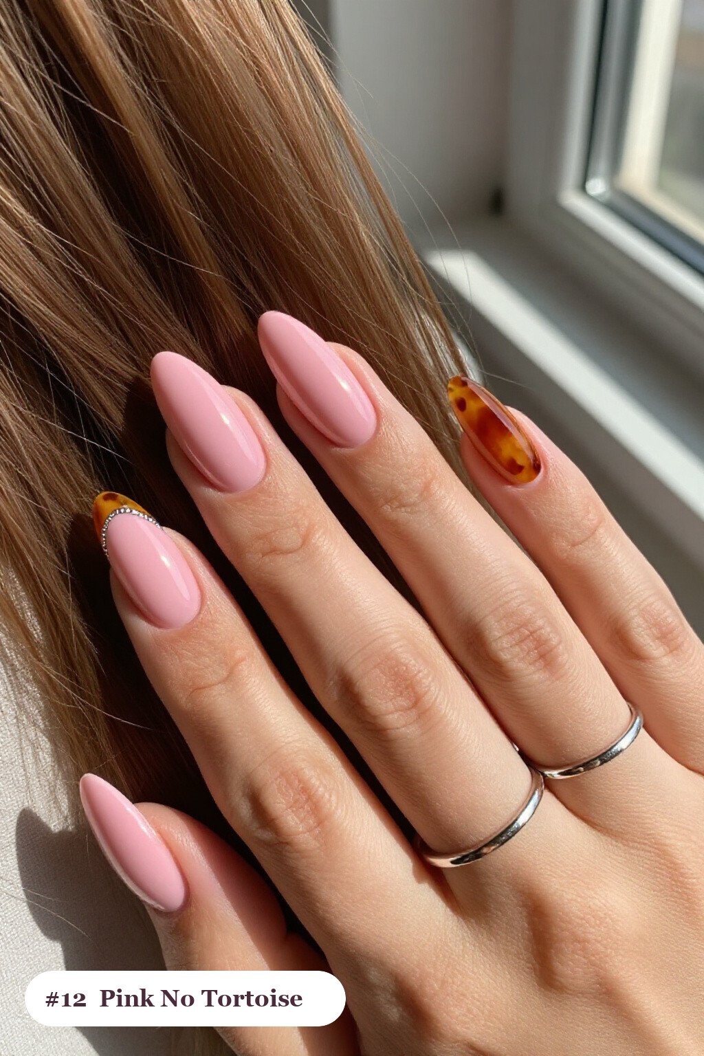 Medium Coffin Pink Nails No Design with Glossy Amber Tortoiseshell on Two Accent Nails - pink nails no design