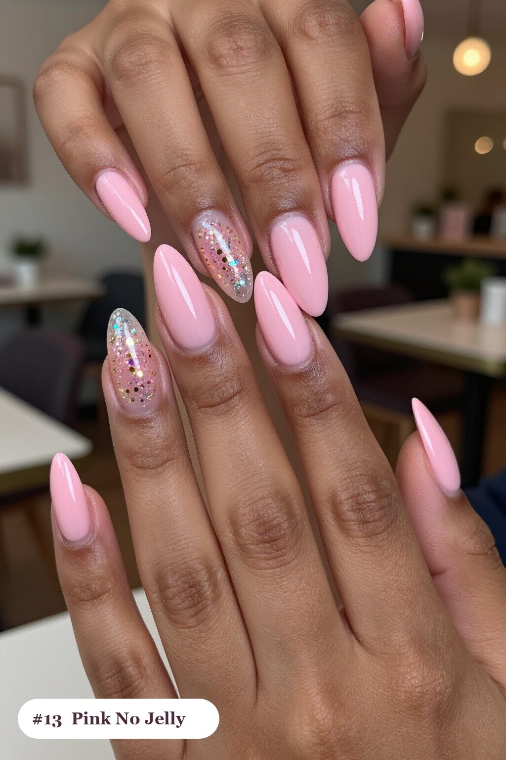 Medium Almond Pink Nails No Design in a See‑Through Jelly Finish with Encapsulated Glitter - pink nails no design