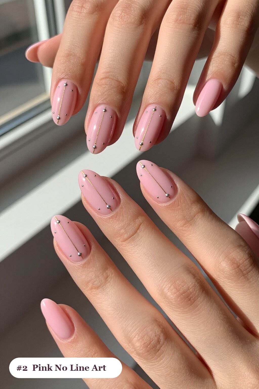 Medium Coffin Pink Nails No Design with Fine Gold Line Art and Tiny Dots - pink nails no design