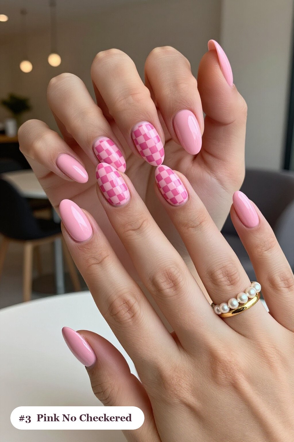 Medium Almond Pink Nails No Design with Bold Checkerboard Accent Nails - pink nails no design