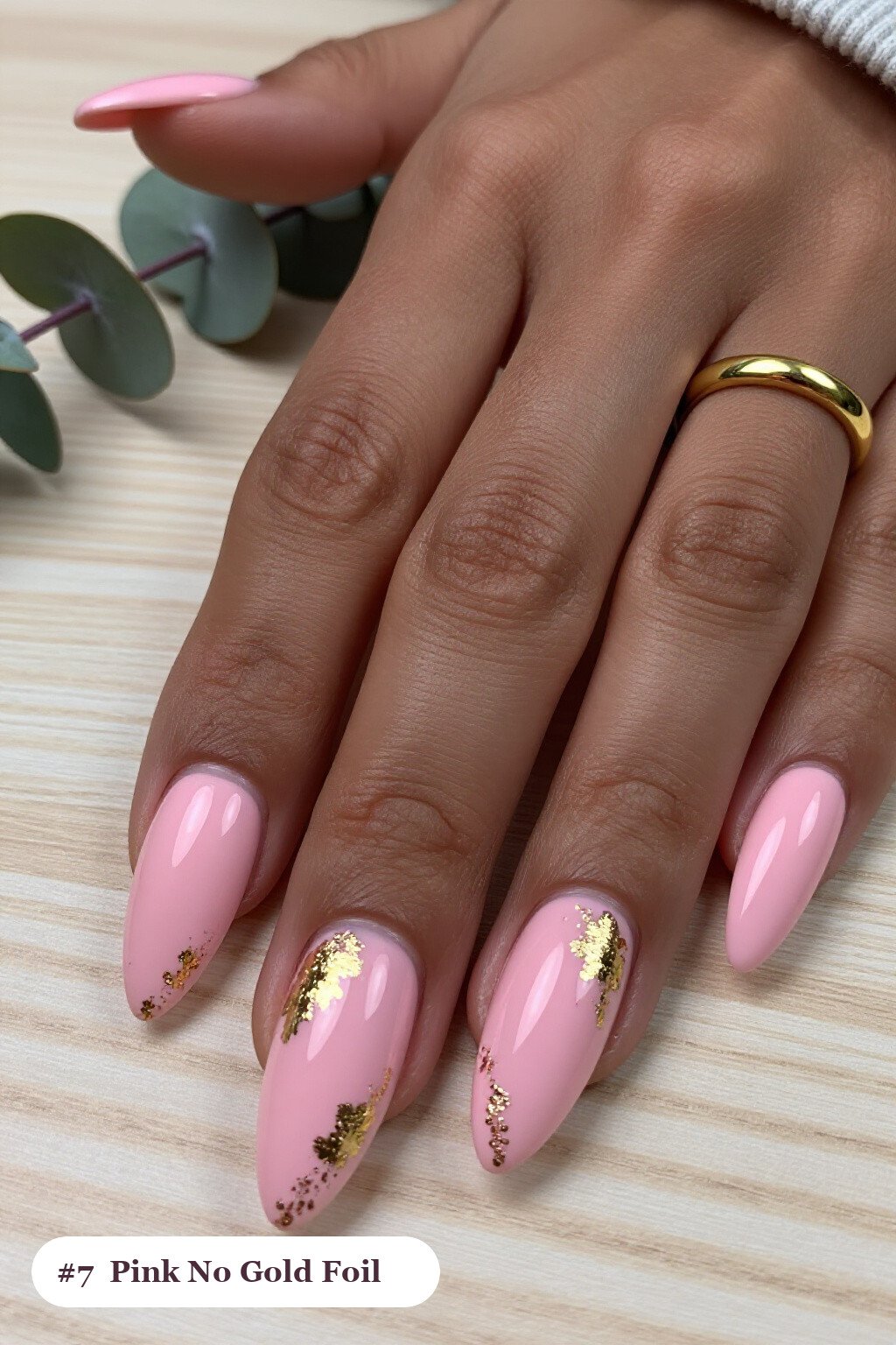 Long Almond Pink Nails No Design with Dense Gold Foil Flakes and Gold Leaf - pink nails no design