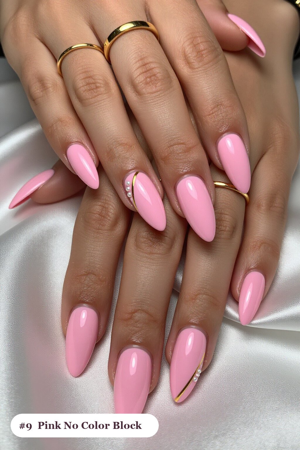 Long Stiletto Pink Nails No Design in a Diagonal Colour‑Block Split with Thin Gold Line - pink nails no design