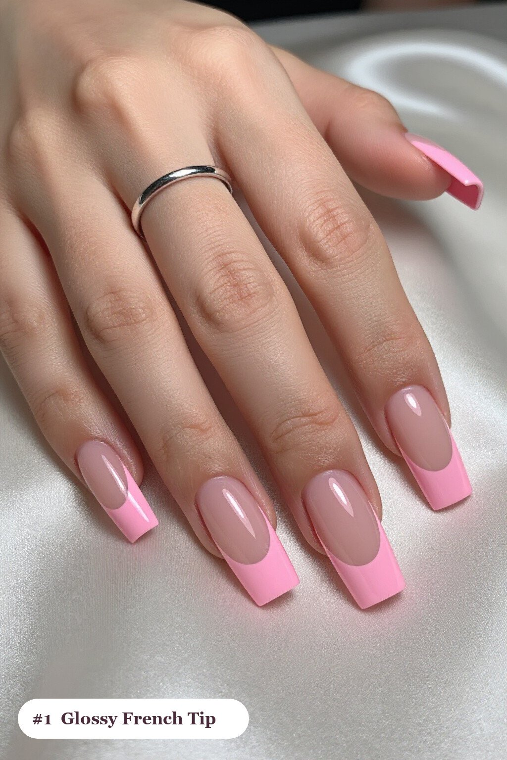 Long square pink no french tip nails with crisp french tips clearly visible on every nail, glossy and flawless - pink nails no french tip