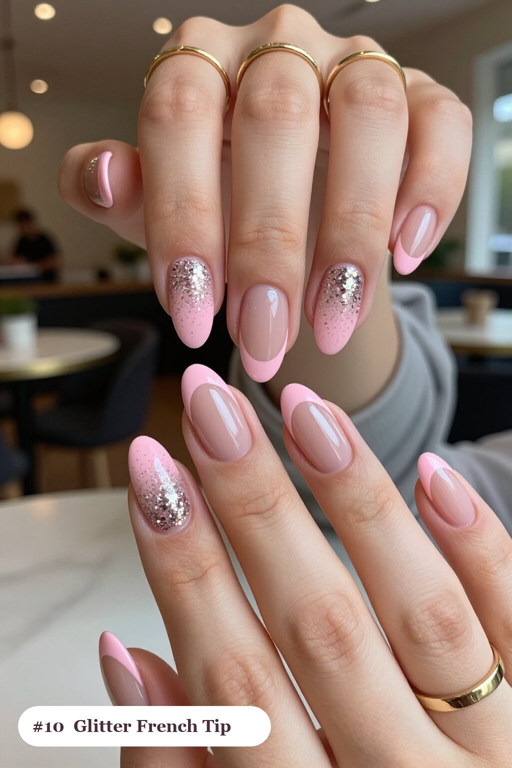 Medium coffin pink no french tip nails with crisp french tips clearly visible on every nail, styled with a sparkling glitter gradient rising from the cuticle, with soft nude details - pink nails no french tip