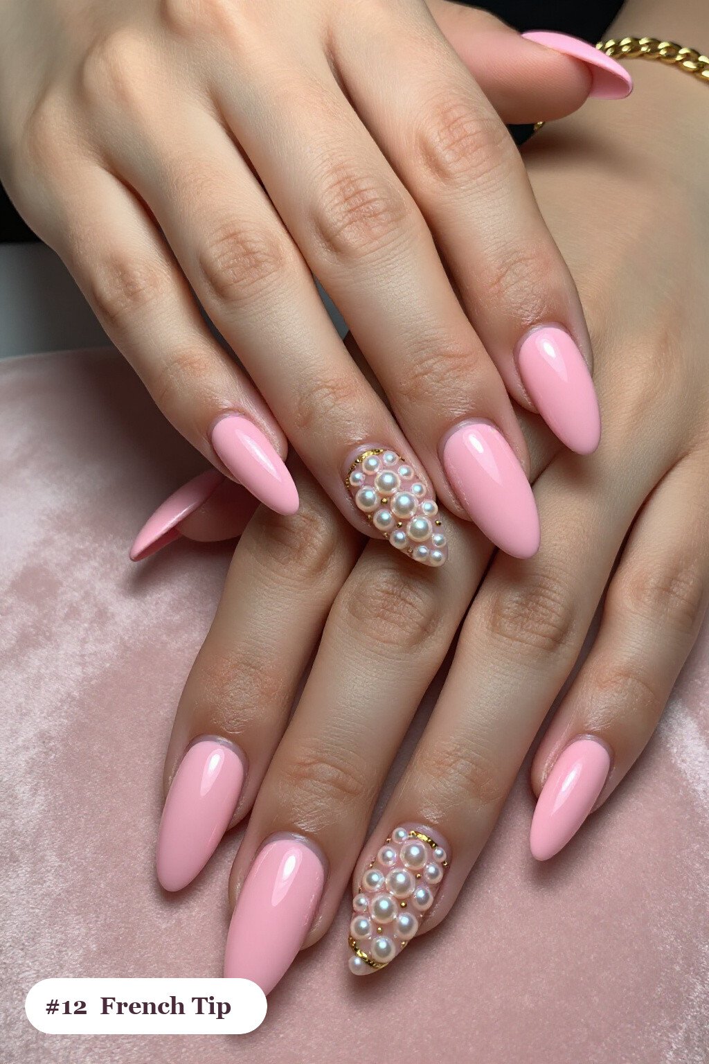 Long almond pink no french tip nails with crisp french tips clearly visible on every nail, styled with glazed pearl chrome over the colour for an iridescent sheen, with gold details - pink nails no french tip