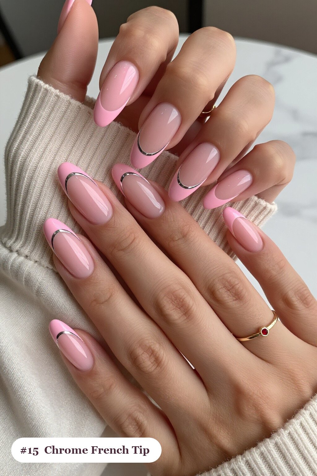 Long coffin pink no french tip nails with crisp french tips clearly visible on every nail, styled with a liquid chrome mirror finish and bright metallic highlights, with silver chrome details - pink nails no french tip