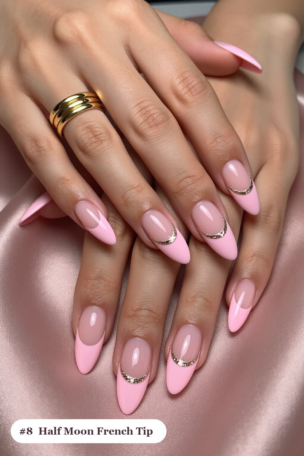 Long ballerina pink no french tip nails with crisp french tips clearly visible on every nail, styled with a half-moon design with a glitter crescent at the cuticle, with champagne details - pink nails no french tip