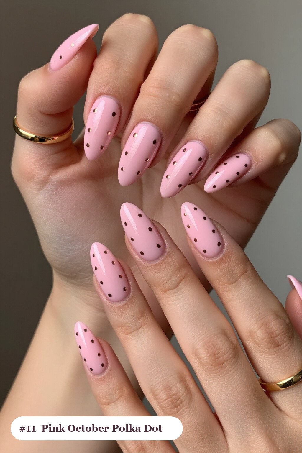 Long almond pink october nails with playful polka dots in two colours on alternating nails, with rose gold details - pink october nail designs Long almond pink october nails with playful polka dots in two colours on alternating nails, with rose gold details - pink october nail designs