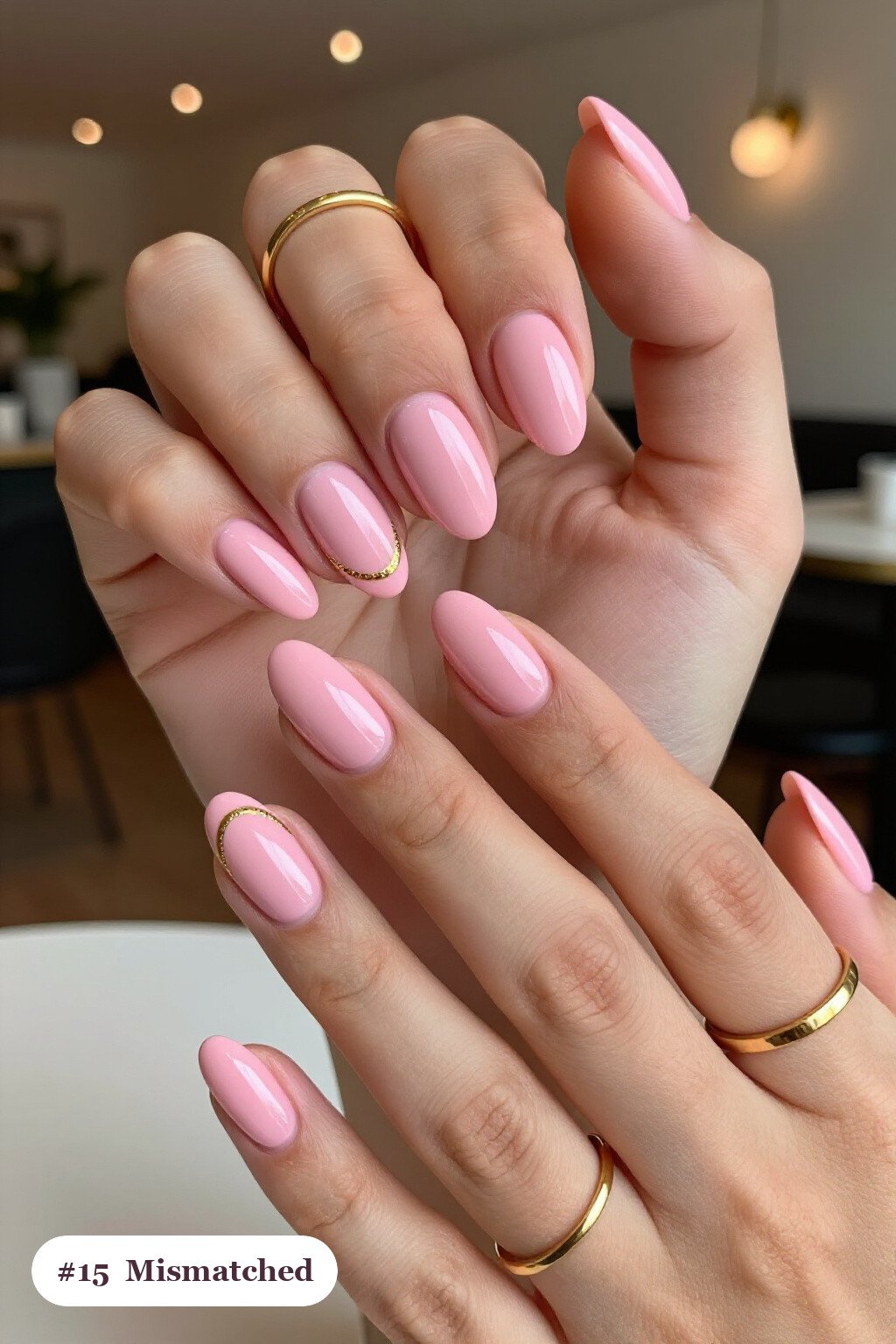Medium oval pink october nails as a mismatched set where every nail has a different pattern in the same colour story, with gold details - pink october nail designs Medium oval pink october nails as a mismatched set where every nail has a different pattern in the same colour story, with gold details - pink october nail designs