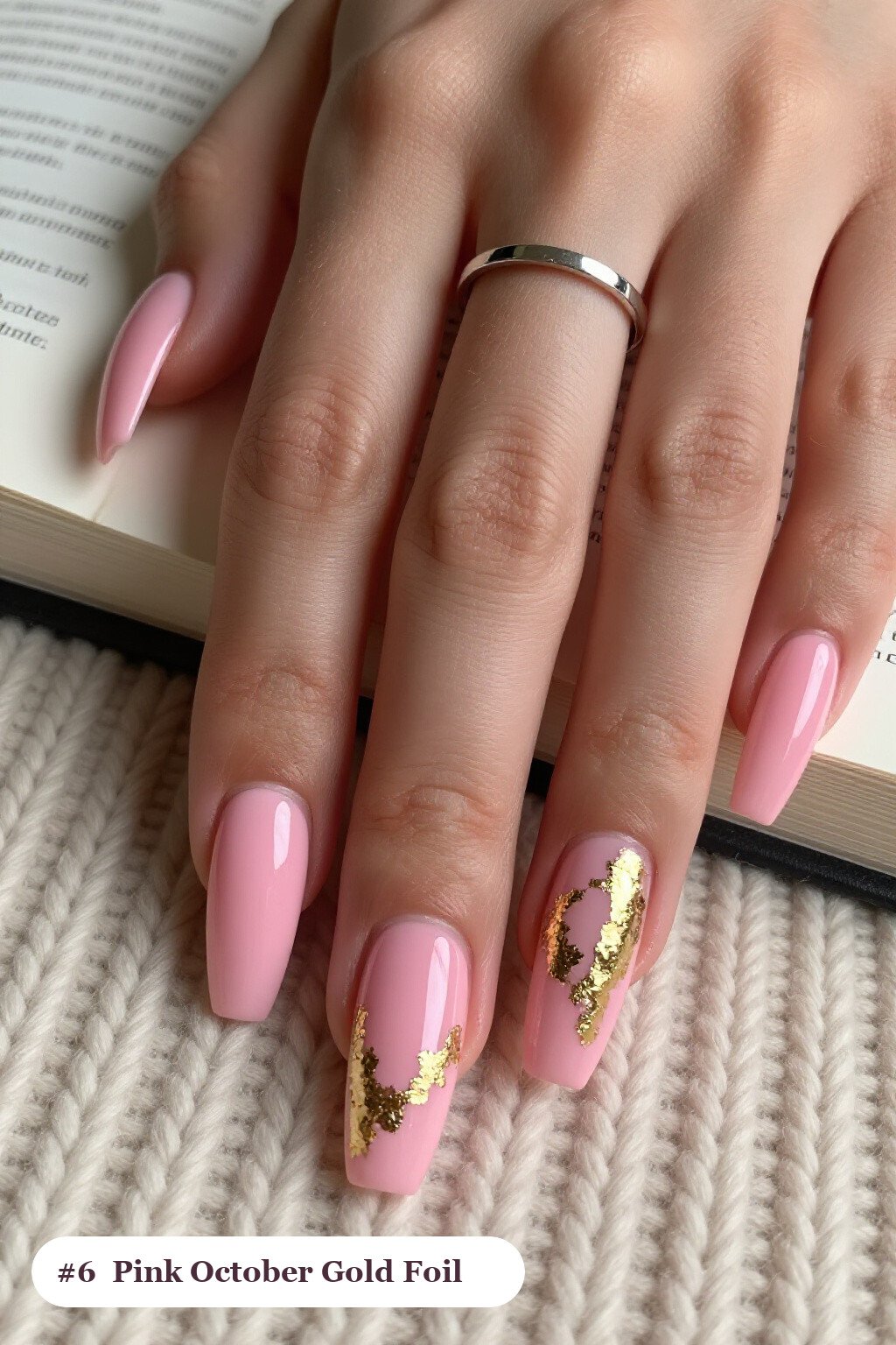 Long square pink october nails with dense gold foil flakes and gold leaf scattered across every nail, with champagne details - pink october nail designs Long square pink october nails with dense gold foil flakes and gold leaf scattered across every nail, with champagne details - pink october nail designs