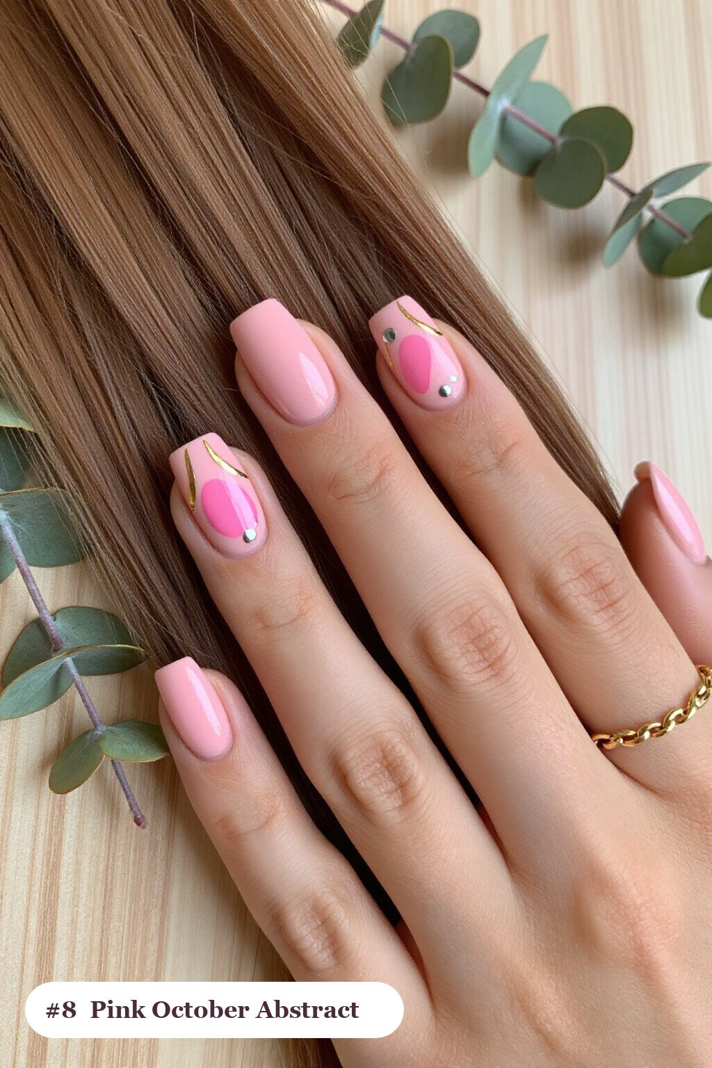 Short square pink october nails with abstract art of colour blobs, gold outlines and dots, with silver details - pink october nail designs Short square pink october nails with abstract art of colour blobs, gold outlines and dots, with silver details - pink october nail designs
