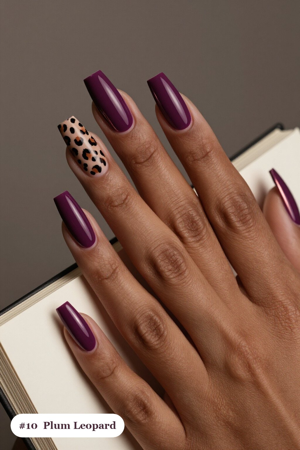 Long Square Plum Nails with Leopard Print Accents and Rose Gold Touches - plum fall nails