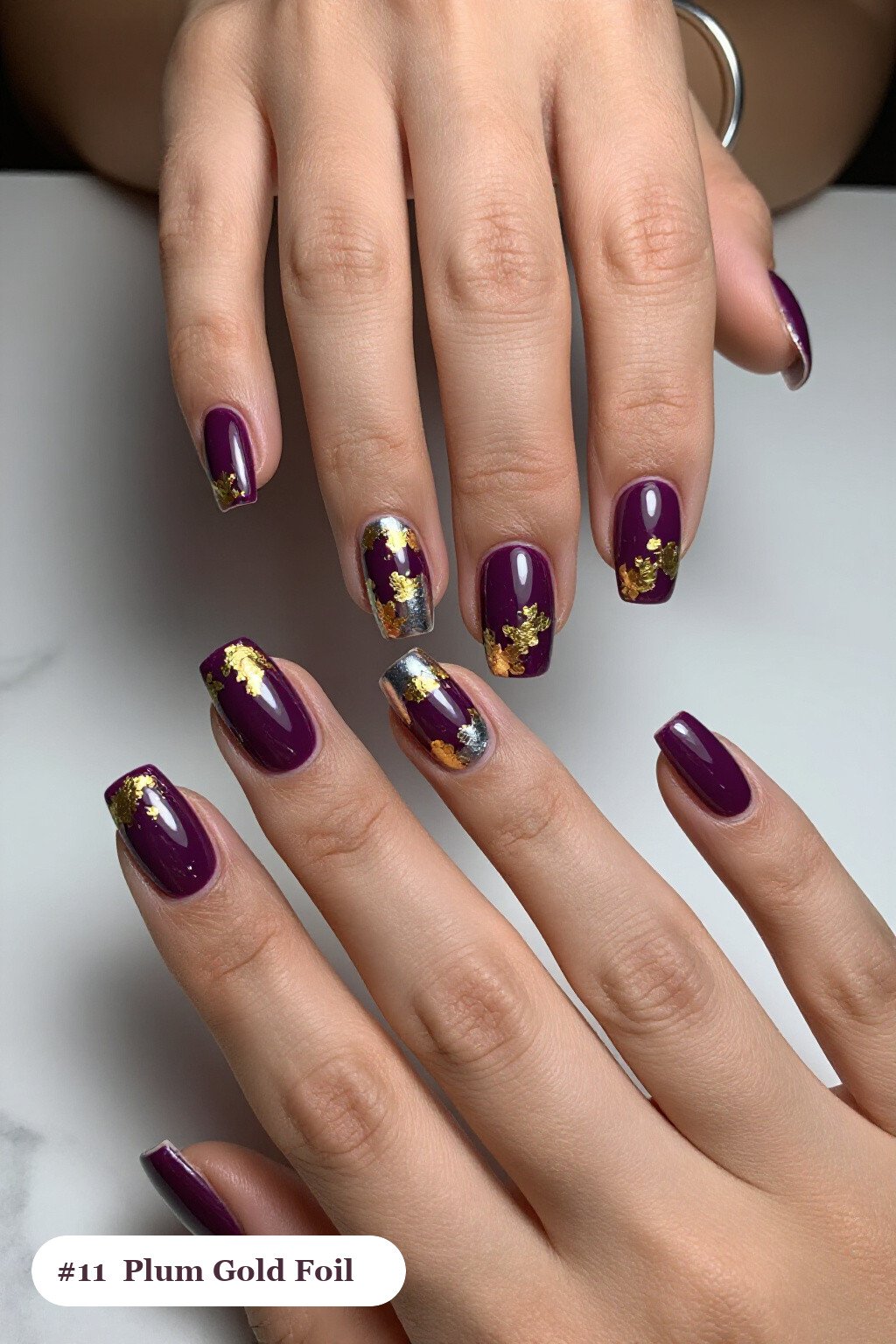 Medium Square Plum Nails Covered in Dense Gold Foil Flakes: Best Shades for Every Season - plum fall nails