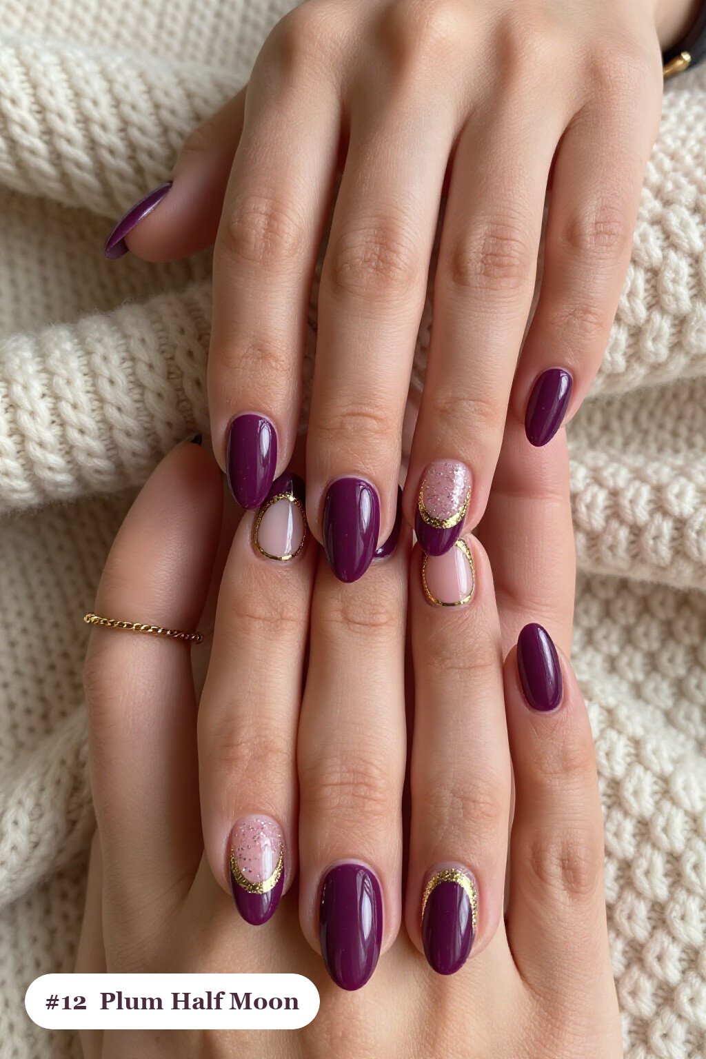 Medium Almond Plum Nails Featuring a Half‑Moon Design with Glitter Crescent - plum fall nails