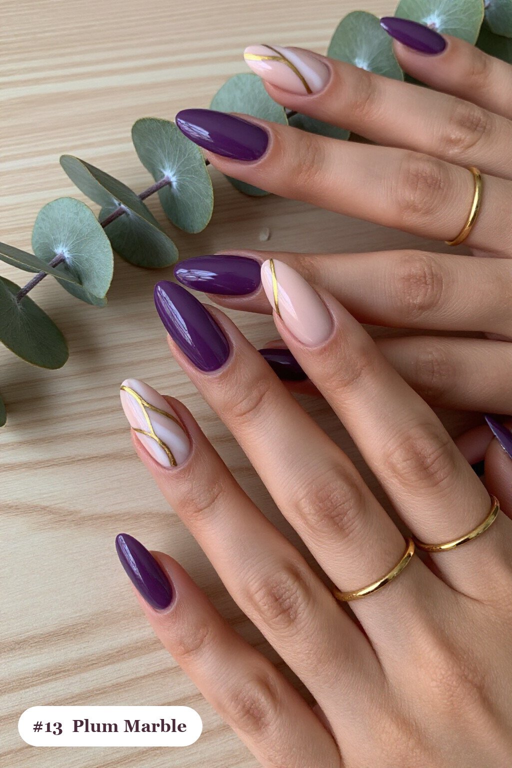 Long Ballerina Plum Nails with Bold Marble Veins in White and Gold - plum fall nails