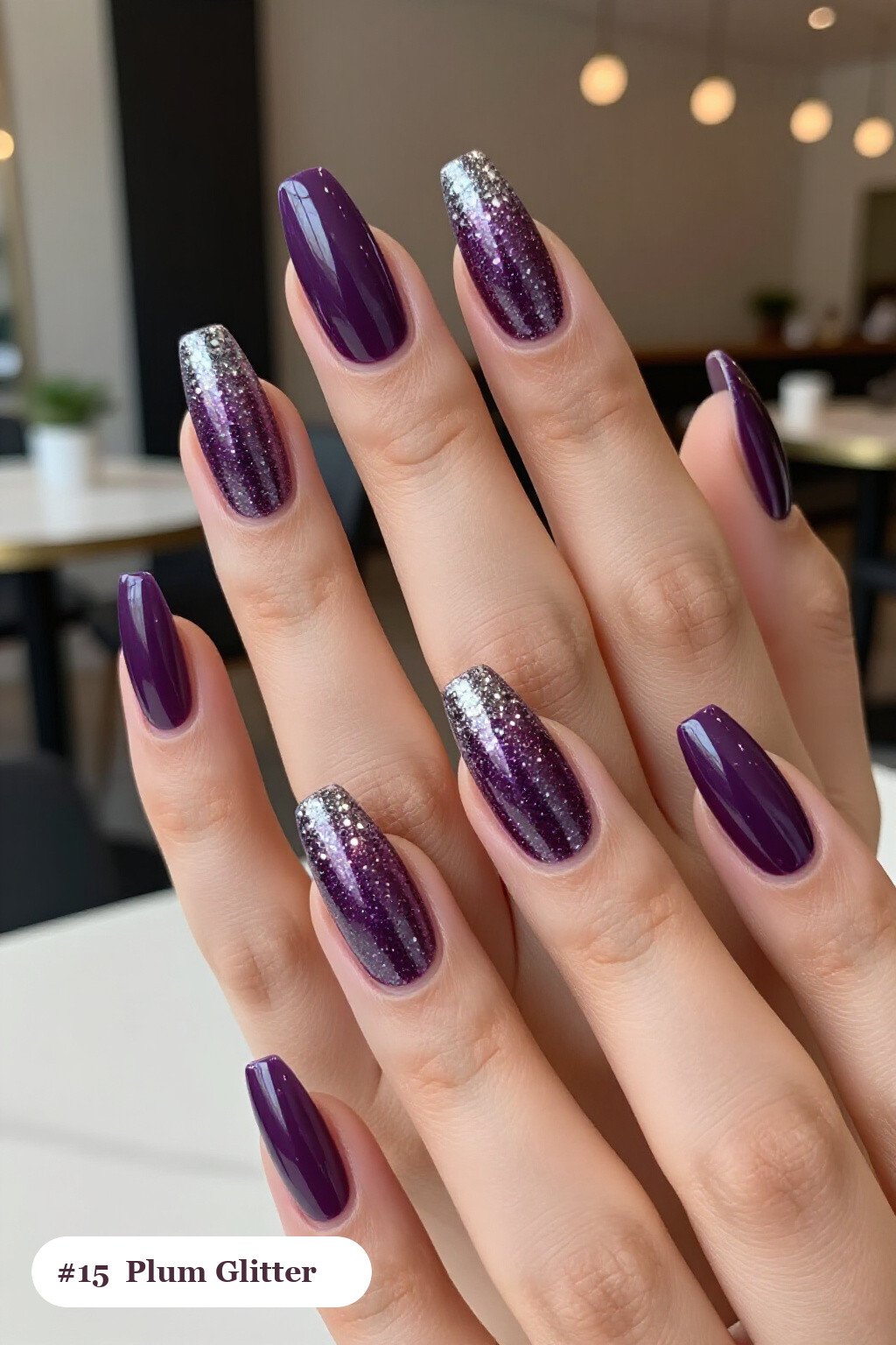 Long Coffin Plum Nails with a Sparkling Glitter Gradient from Cuticle - plum fall nails
