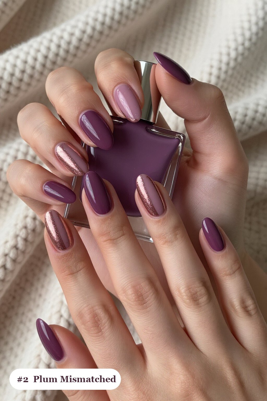 Mismatched Medium Almond Plum Nails with Rose Gold Accents for Autumn - plum fall nails