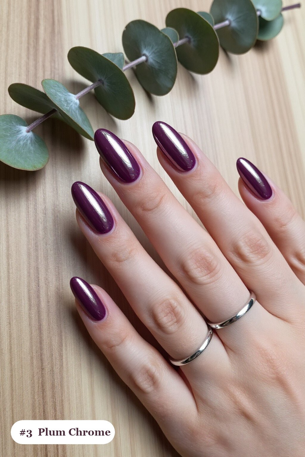 Long Ballerina Plum Nails in Liquid Chrome Mirror with Silver Highlights - plum fall nails
