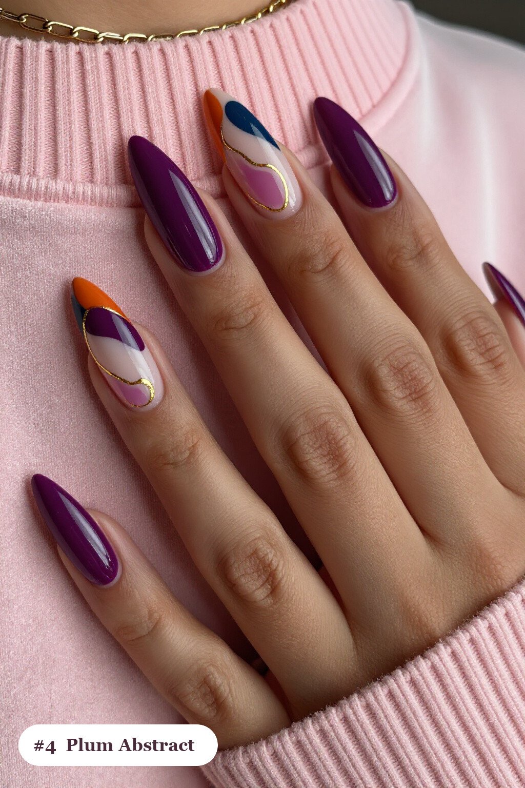 Long Stiletto Plum Nails Featuring Abstract Color Blobs and Gold Outlines - plum fall nails