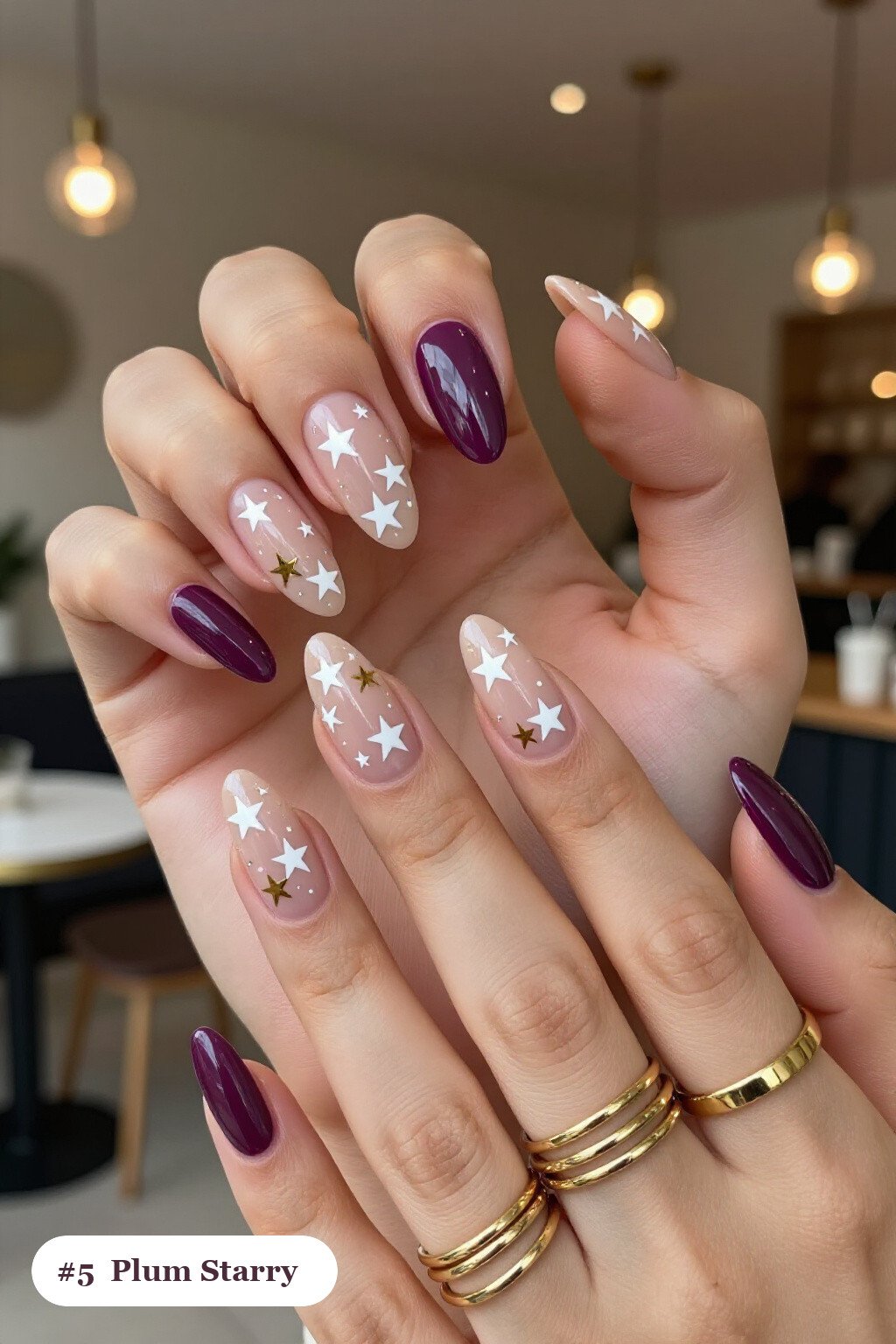 Long Coffin Plum Nails Adorned with White and Gold Stars and Sparkles - plum fall nails