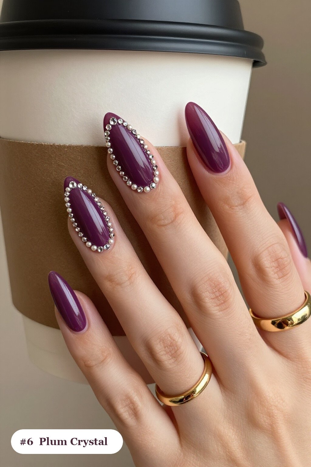 Long Almond Plum Nails with Crystal Rhinestones Along the Cuticle: How to Make Them Last Longer - plum fall nails