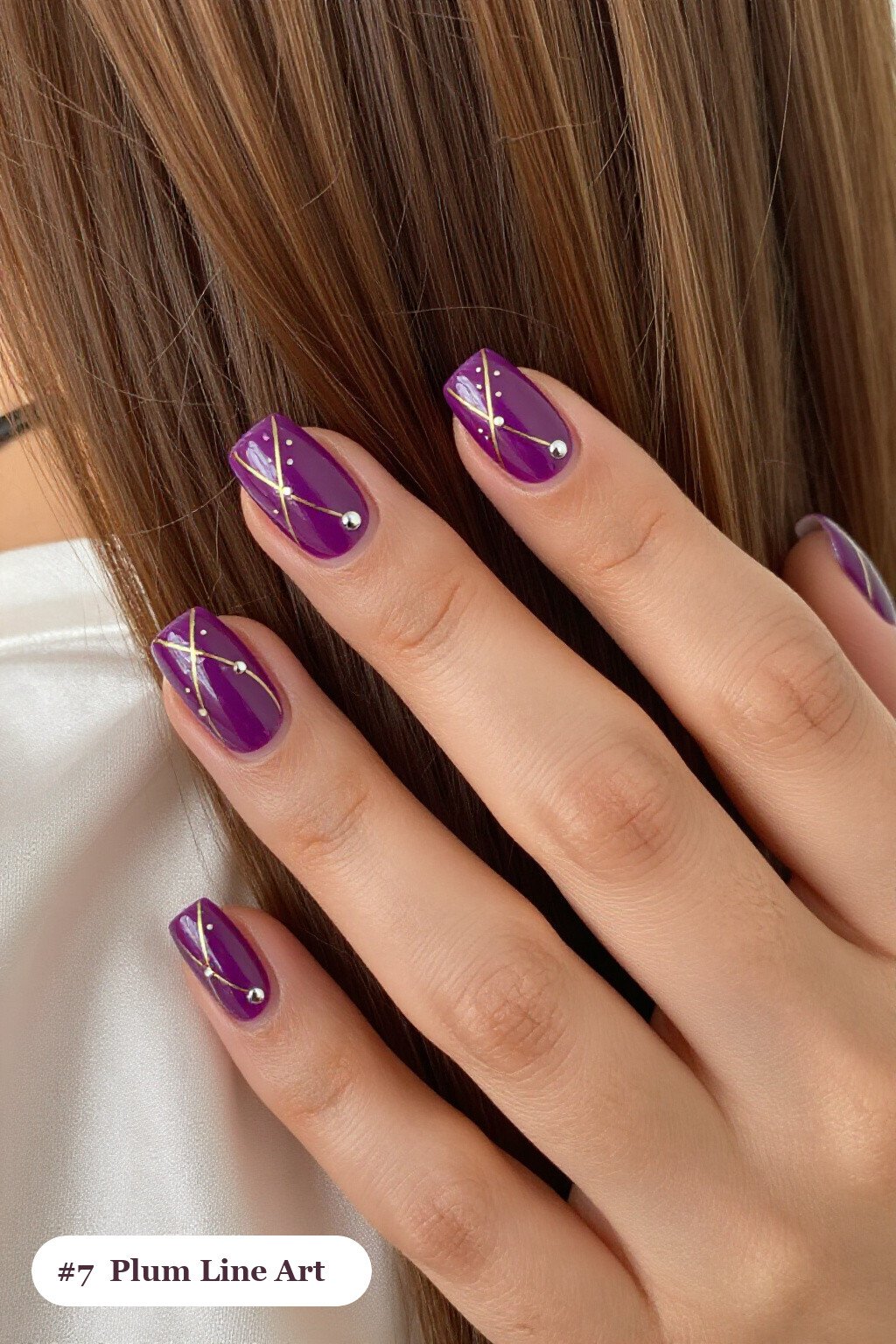 Short Square Plum Nails with Fine Gold Line Art and Tiny Dots: On Short Nails - plum fall nails