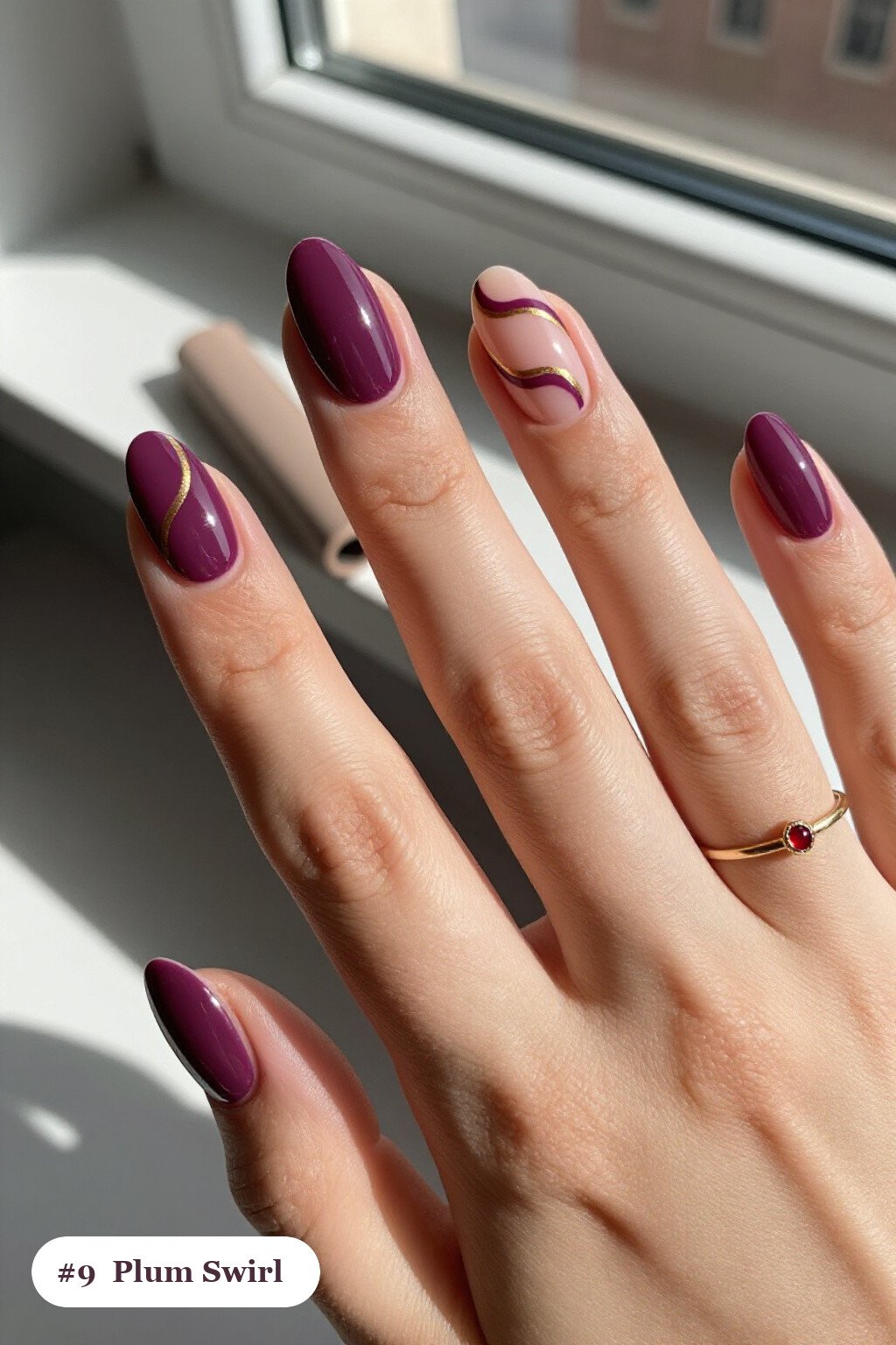 Medium Coffin Plum Nails Hand‑Painted with Bold Swirl Lines and Gold Details - plum fall nails