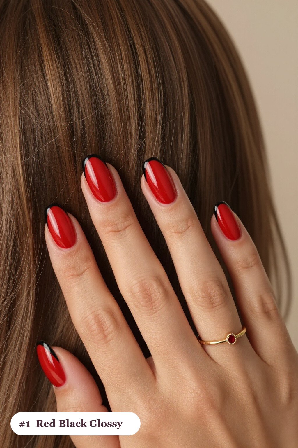Medium coffin red black nails in a flawless mirror-glossy full-colour finish - red and black nails